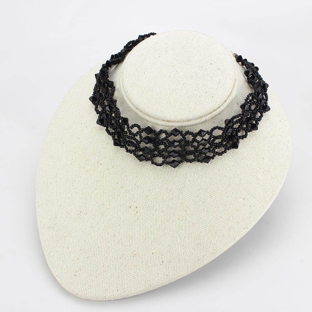 Elegant statement necklace rhodium brass in black lace design, perfect for any occasion