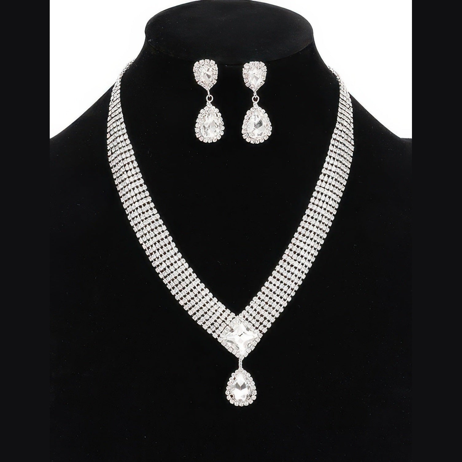 VacationGrabs women's jewelry set featuring a statement rhinestone necklace and earrings with teardrop design