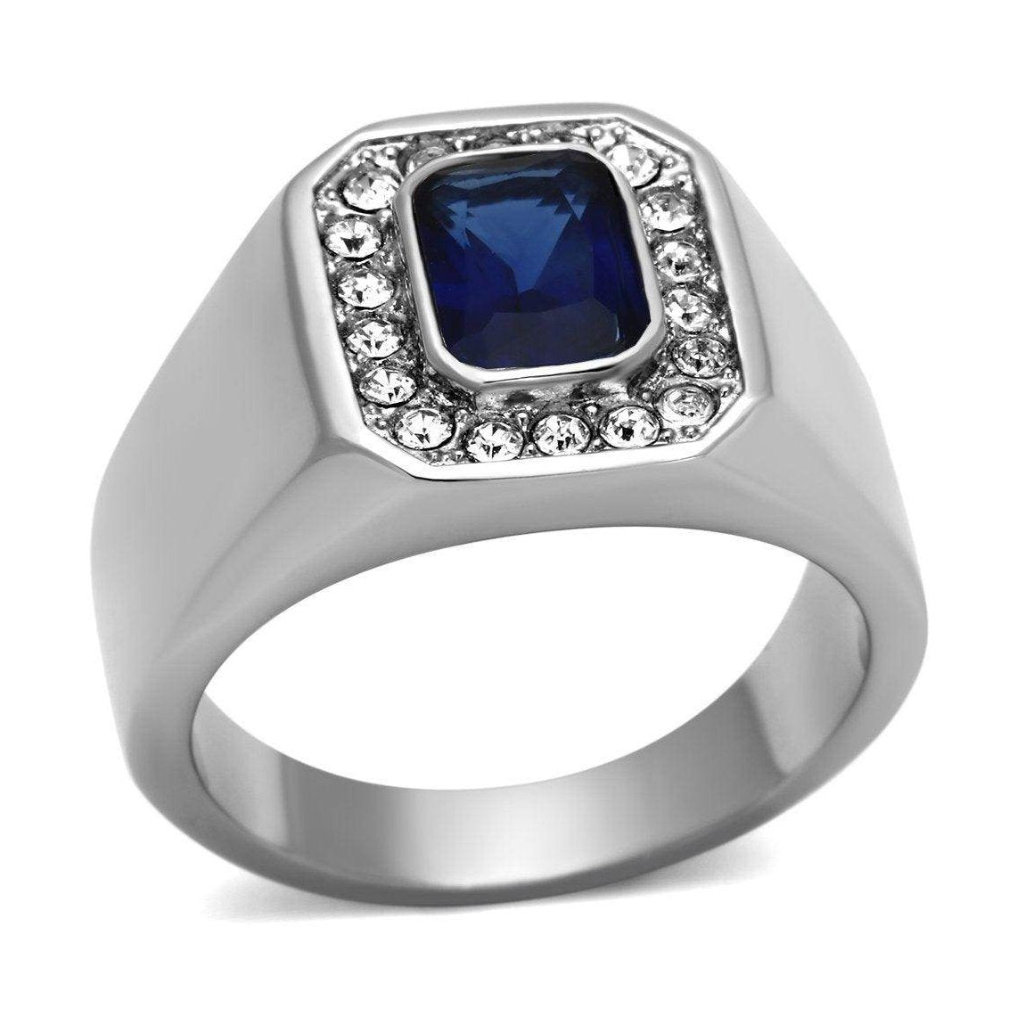 VacationGrabs stylish steel ring with gemstone featuring a blue stone surrounded by sparkling accents