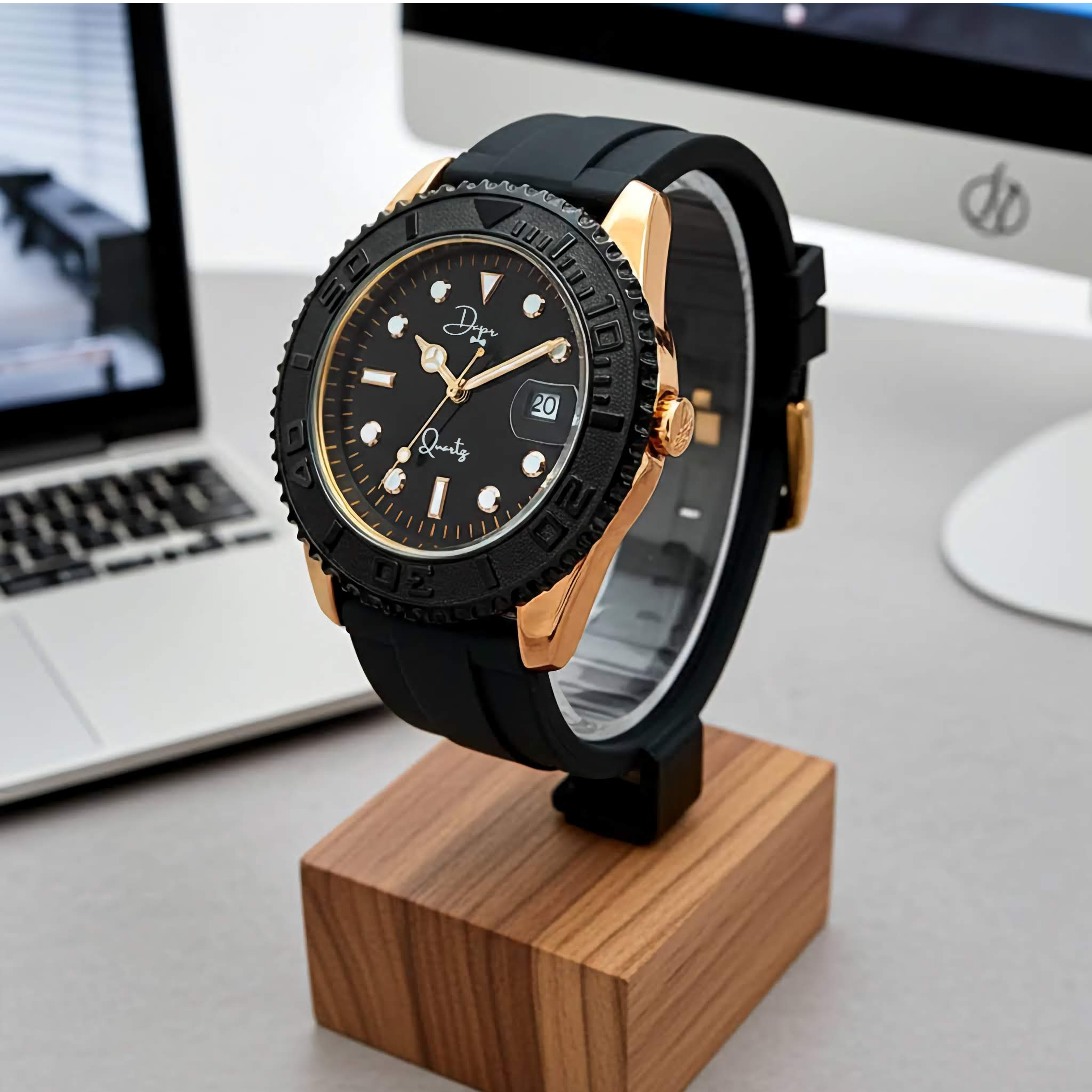 Dapr Men's Steel Watch on Display with Black Dial and Gold Accents for men's steel watch sale