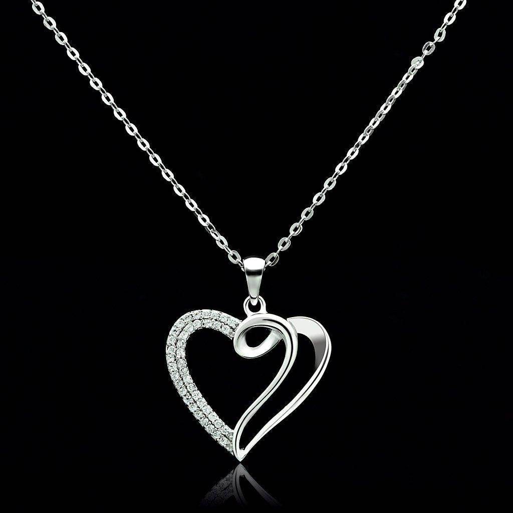 Sterling silver heart pendant jewelry with a unique twisted design and sparkling stones