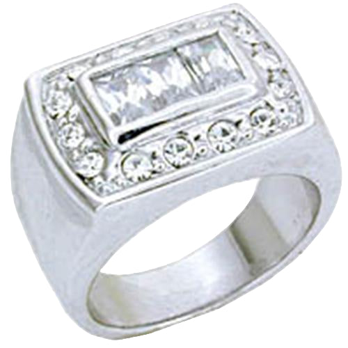 Sterling silver statement ring for men featuring a rectangular center stone surrounded by smaller gems