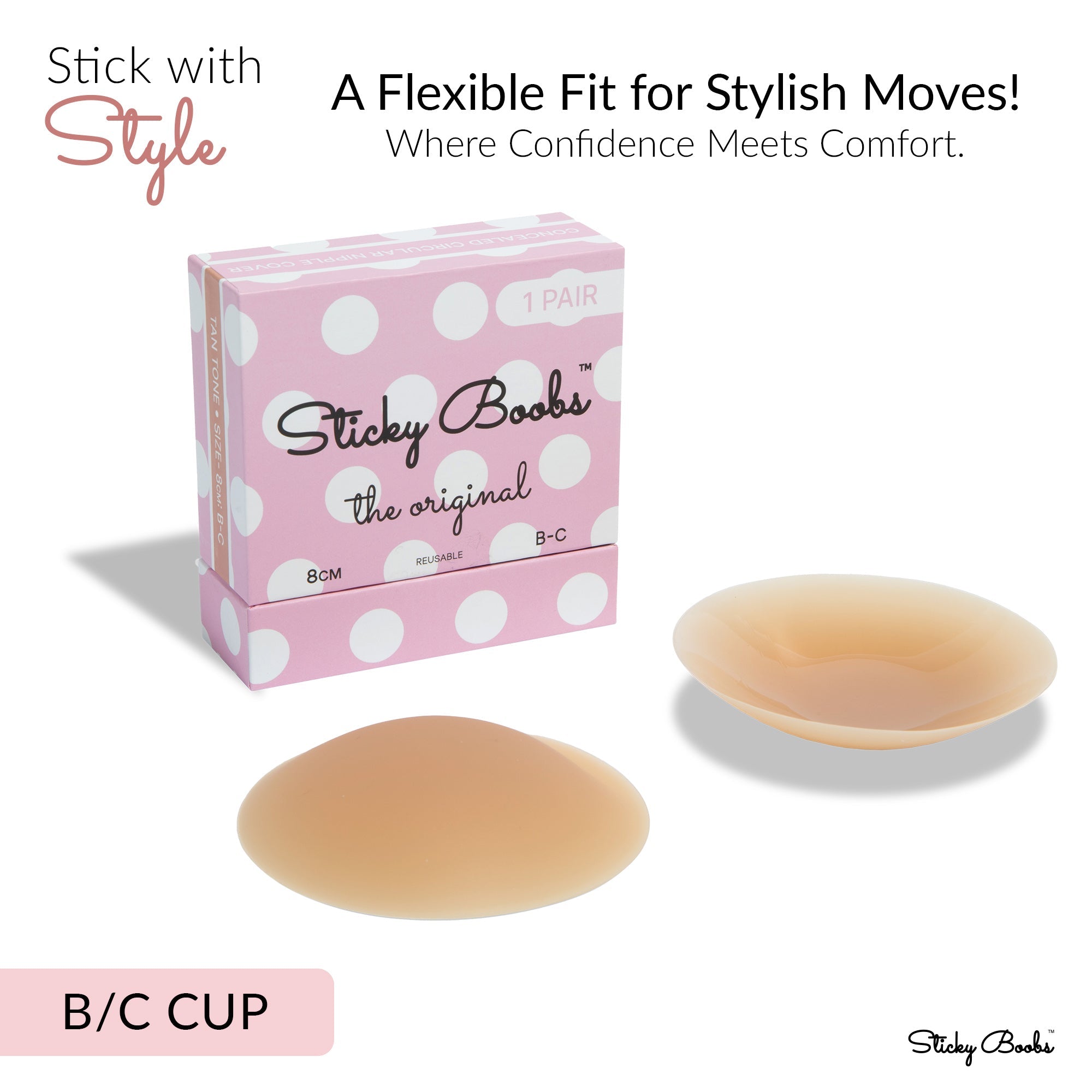 Original sticky boobs adhesive bra in B-C cup, designed for comfort and flexible fit for stylish outfits