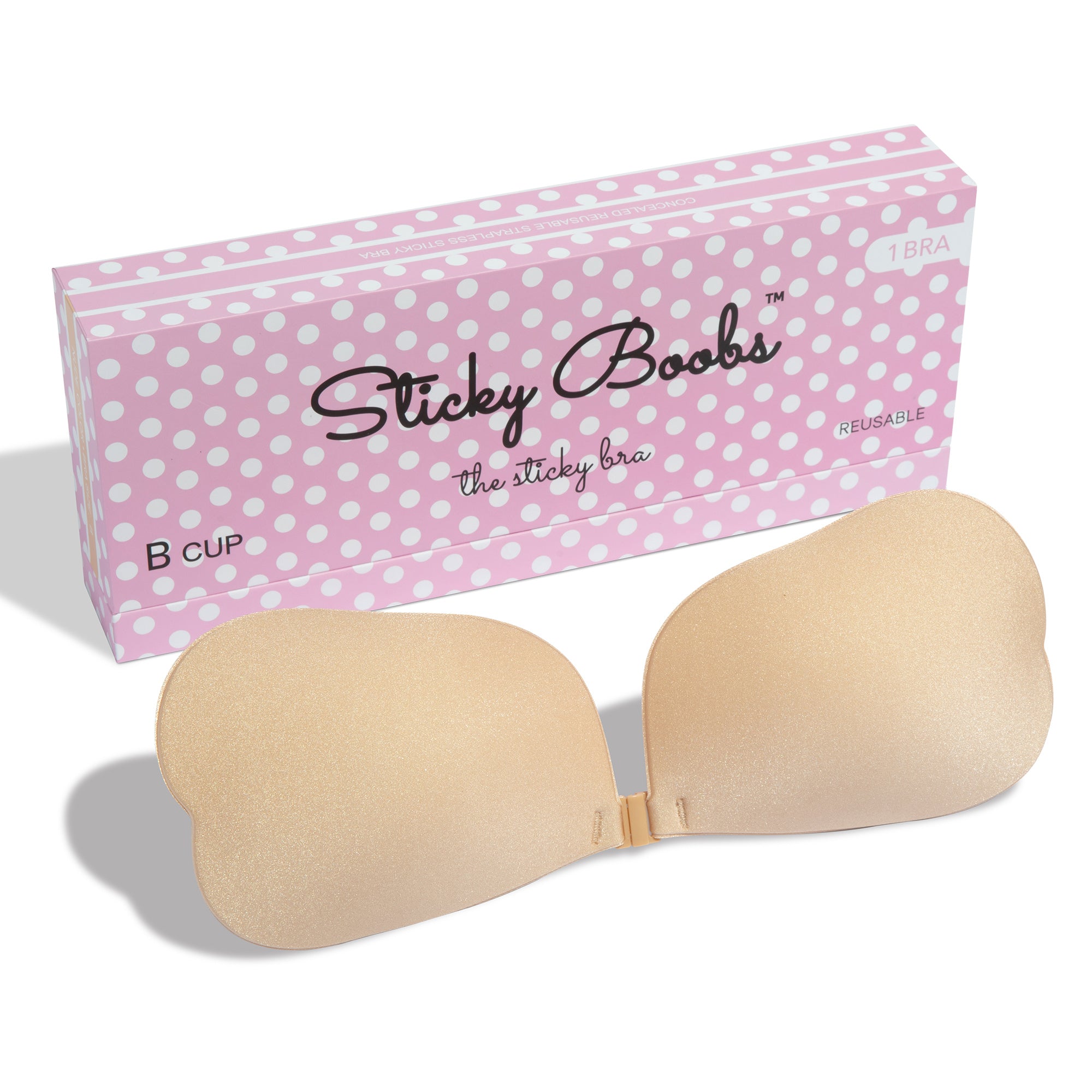 Sticky Boobs reusable adhesive bra for women in B cup with a smooth finish and convenient packaging