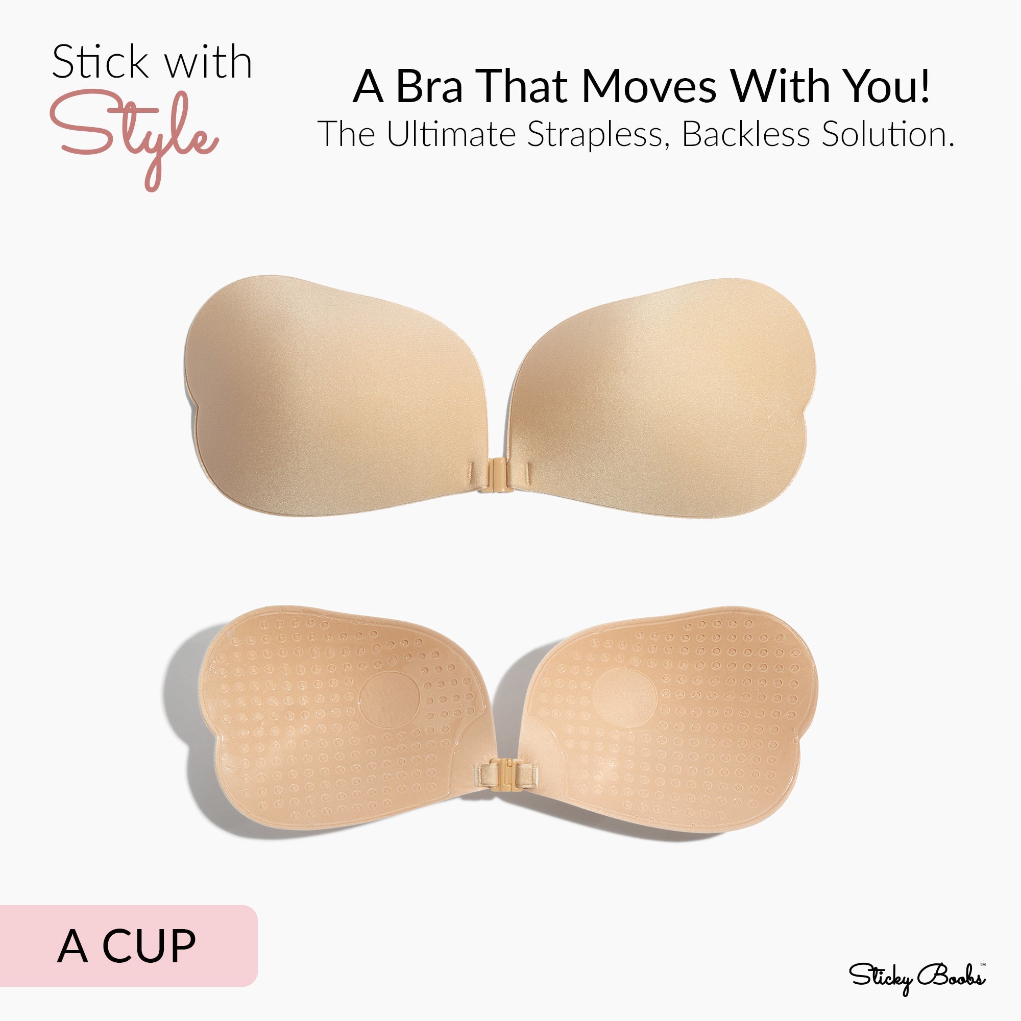 Sticky Boobs A Cup reusable adhesive bra for women. Ultimate strapless backless support for comfort and style.