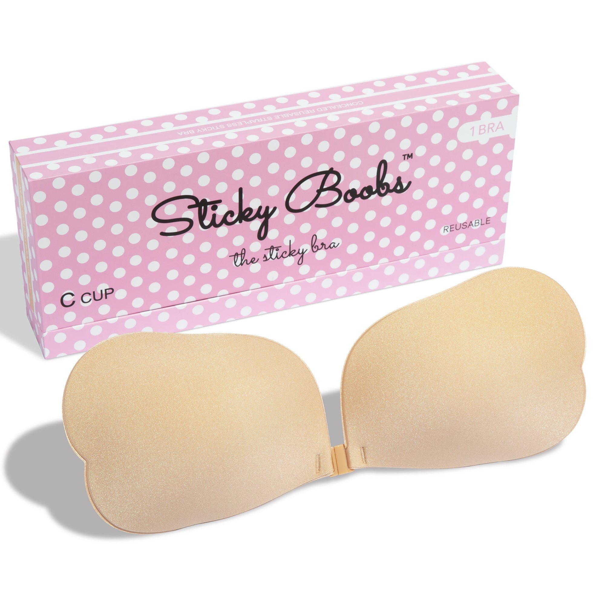Sticky Boobs reusable adhesive bra for women in C cup with pink polka dot packaging