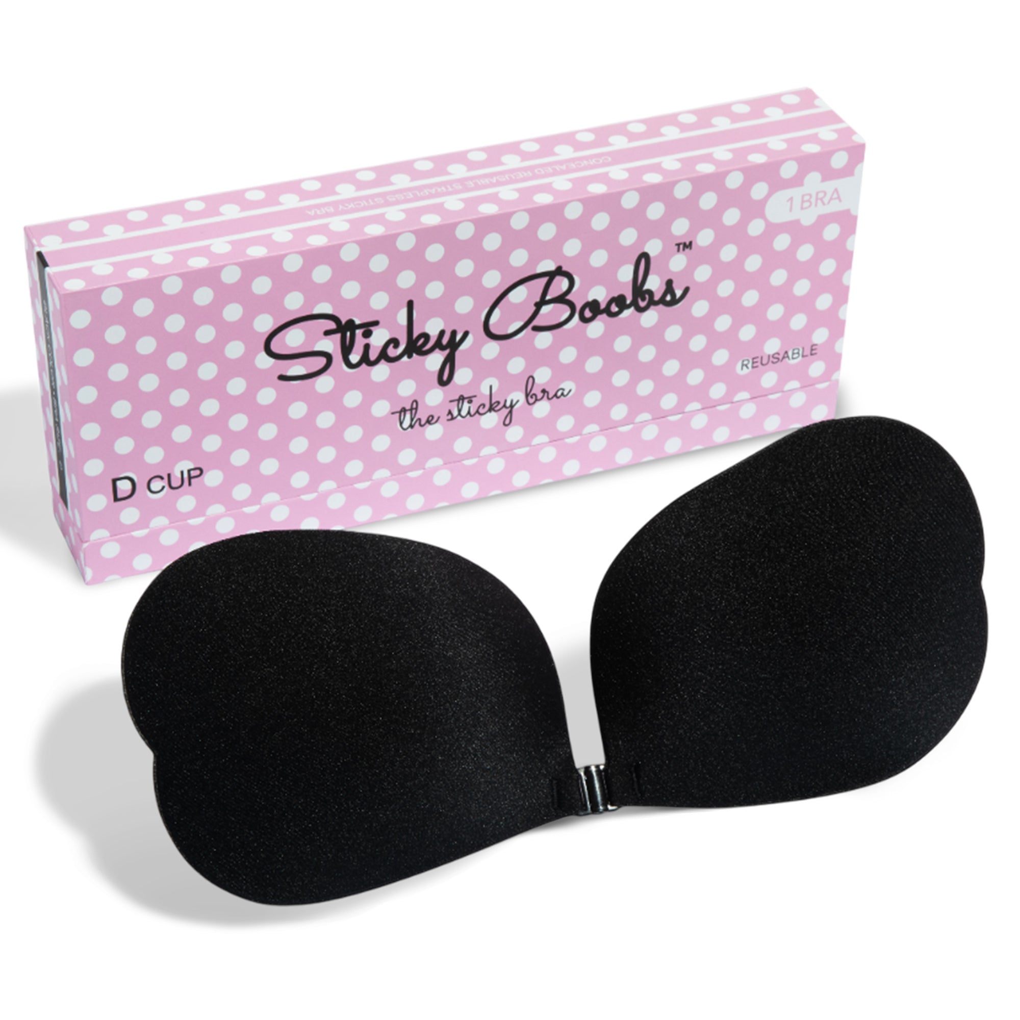 Black Sticky Boobs reusable adhesive bra for women in D cup packaging with polka dot design