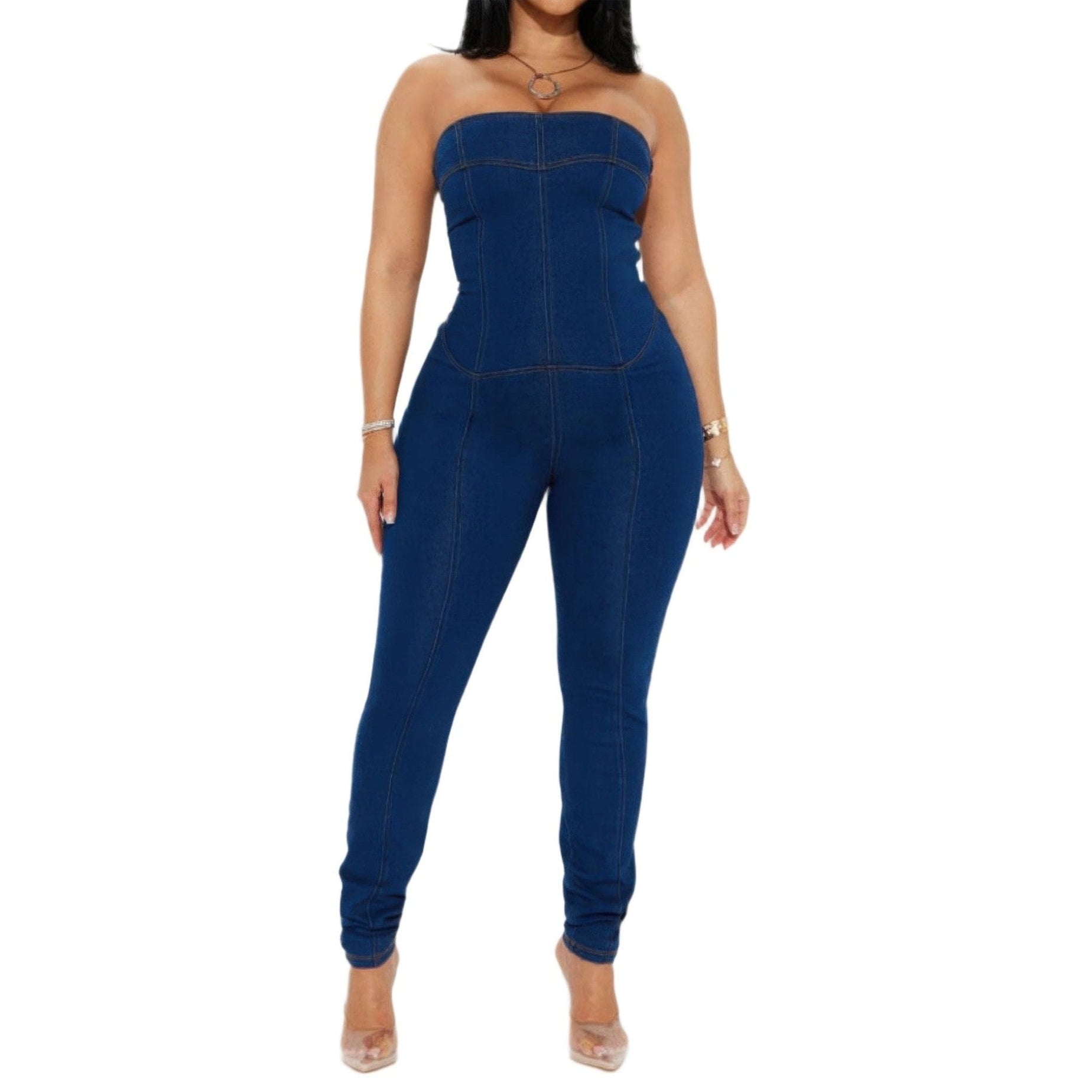 Stylish strapless denim jumpsuit in dark blue with a flattering fitted design for a chic look