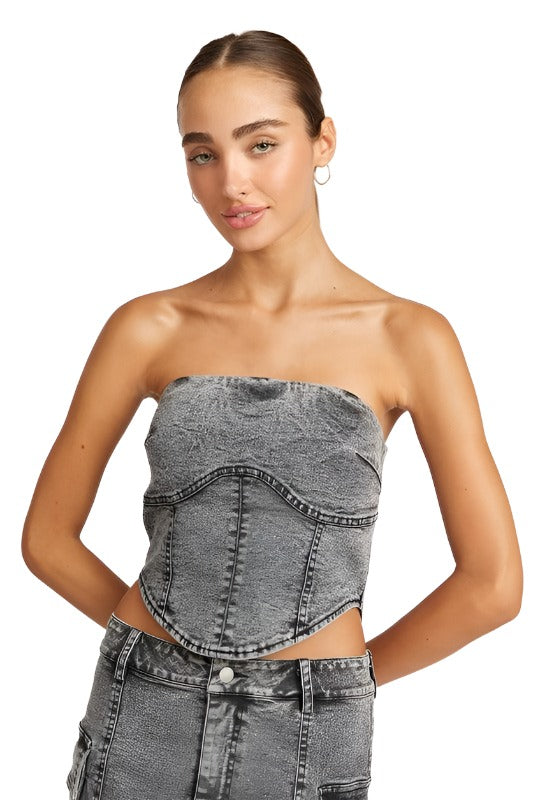 Women's Shirts - Cropped Tops Strapless Grey Denim Corset Tube Top