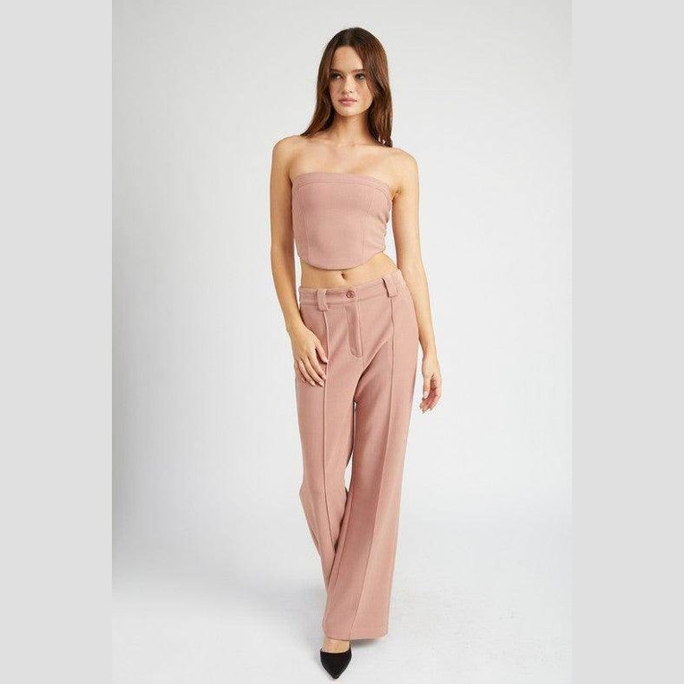 Emory Park strapless vacation tops in blush pink paired with stylish wide-leg pants