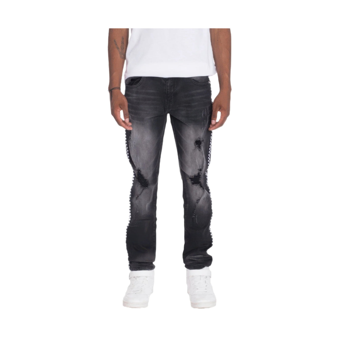 VacationGrabs men's street style distressed pants in black denim with ripped details
