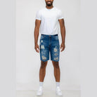 Men's WEIV stretch denim shorts for vacation featuring a distressed design and comfortable fit
