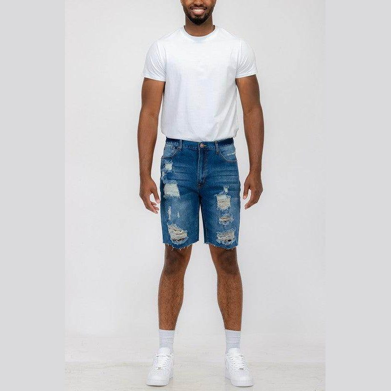 Men's WEIV stretch denim shorts for vacation featuring a distressed design and comfortable fit