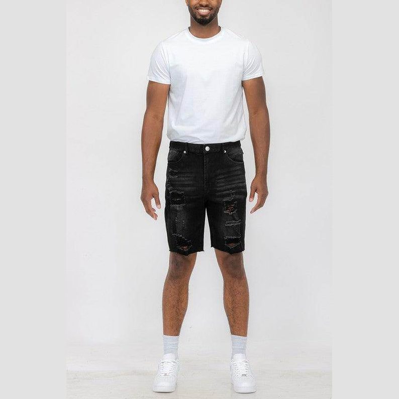 WEIV men's stretch denim shorts for vacation featuring a stylish distressed design in black