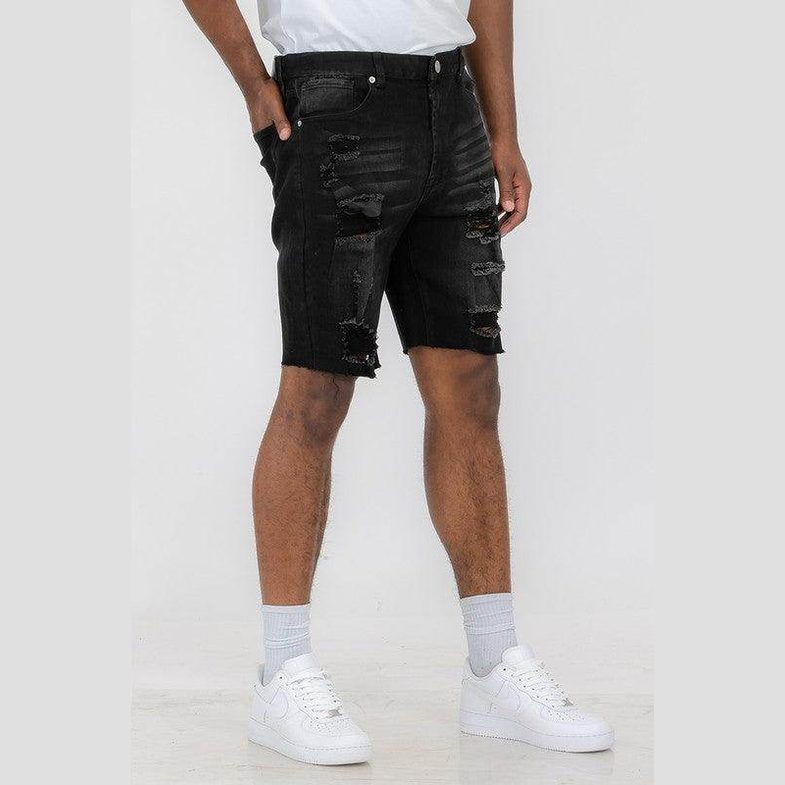 WEIV Men's Black Stretch Denim Shorts for Vacation with Distressed Design and Comfortable Fit