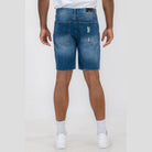 WEIV Men's Back View of Stretch Denim Shorts for Vacation with Distressed Detailing