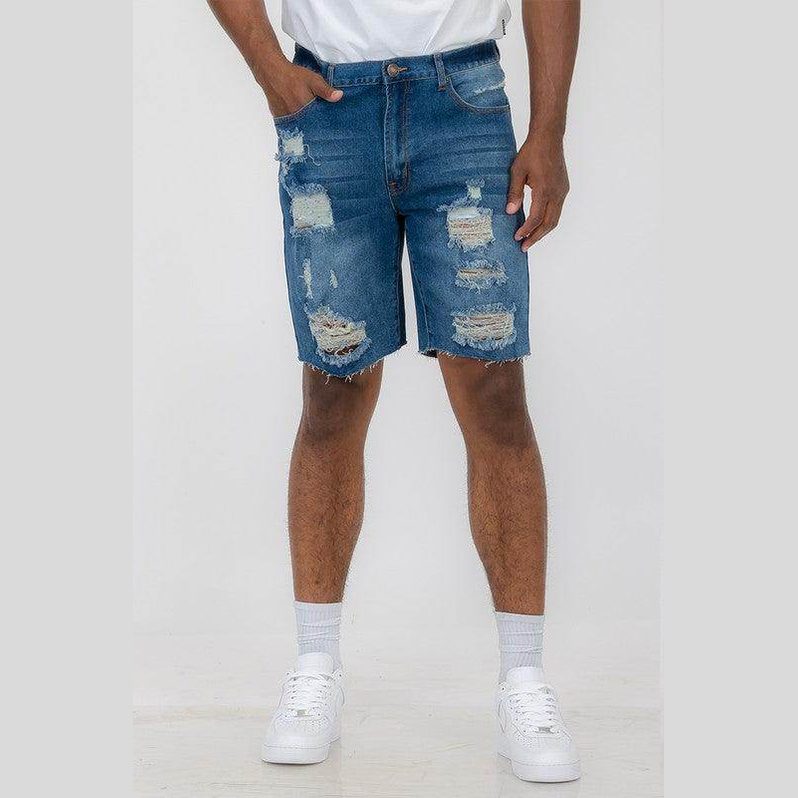 Men's WEIV stretch denim shorts for vacation featuring distressed design and comfortable fit
