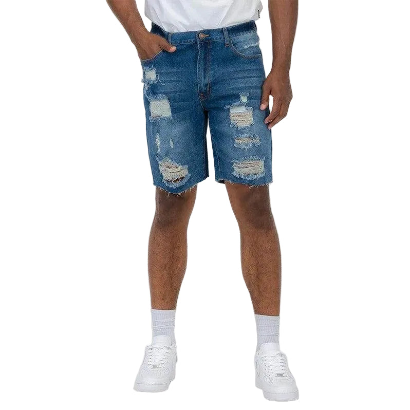 Men's WEIV stretch denim shorts for vacation featuring distressed design and comfortable fit