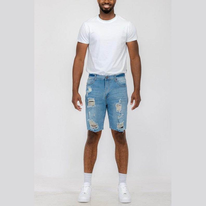 Men's WEIV stretch denim shorts for vacation with distressed detailing and relaxed fit