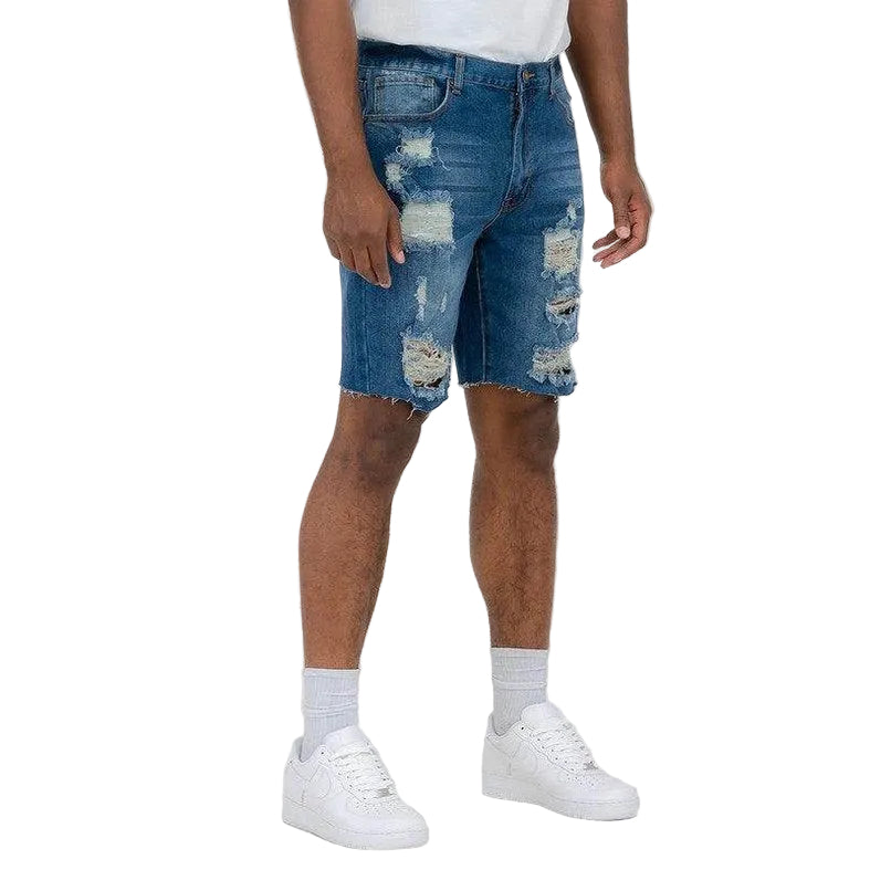 WEIV Men's Stretch Denim Shorts for Vacation with Distressed Design and Frayed Hem