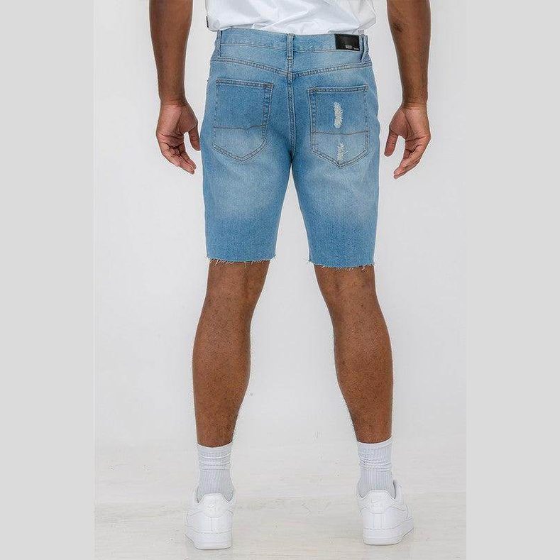 Men's WEIV stretch denim shorts for vacation with a classic fit and distressed detailing