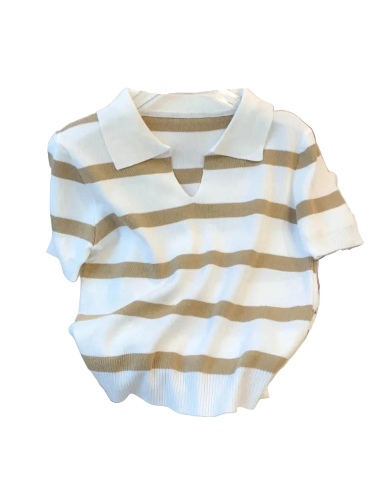 Striped collared knit crop top in white and beige for casual wear