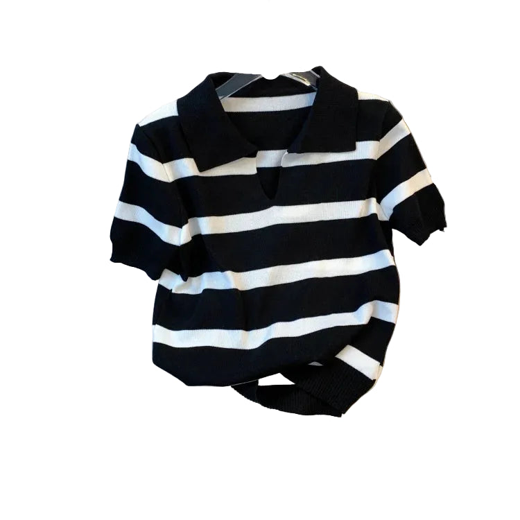 striped collared knit crop top in black and white for casual wear
