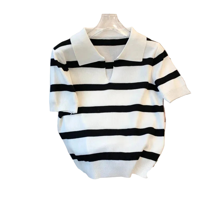Striped collared knit crop top in black and white for casual wear