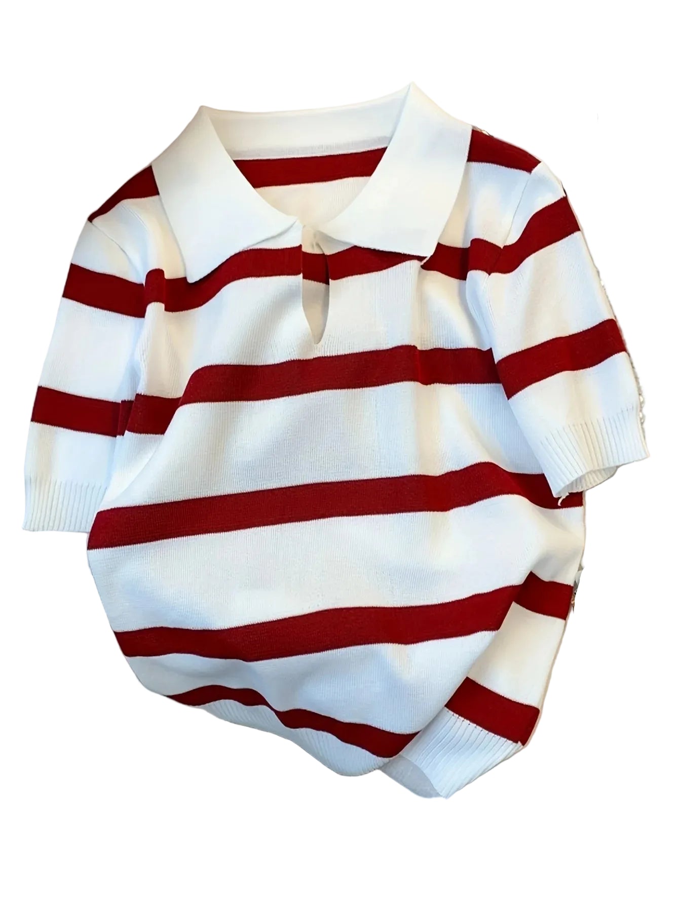 Striped collared knit crop top in white and red, perfect for casual outings