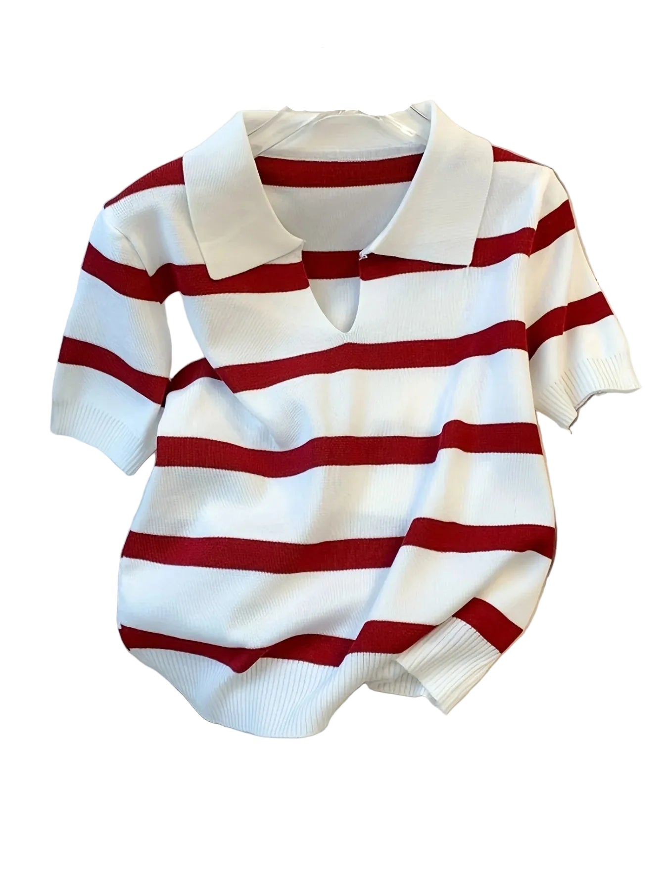 Striped collared knit crop top in red and white, stylish for casual outings