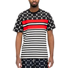 WEIV striped graphic tee for men with black and white stripes and bold red accents