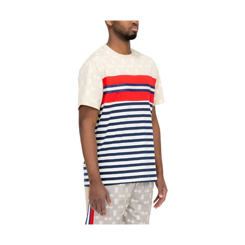 WEIV striped graphic tee for men with red and navy blue stripes and beige sleeves