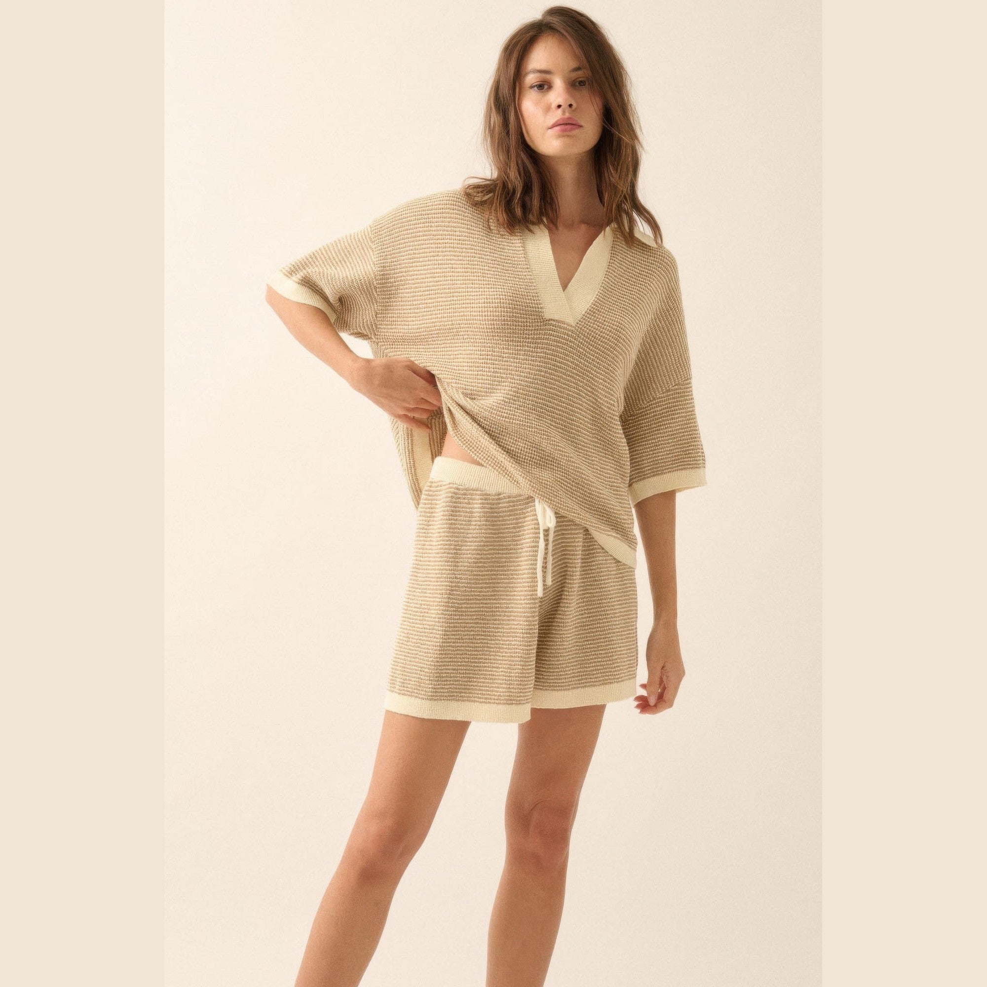 VacationGrabs women's striped knit sweater shorts in beige with white trim and drawstring waist