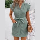 Striped Notched Tie Waist Romper - VacationGrabs