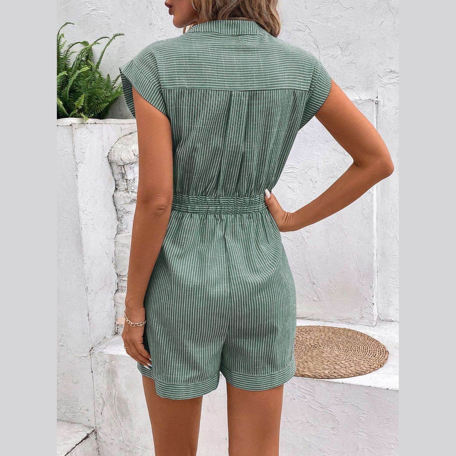 Striped Notched Tie Waist Romper - VacationGrabs