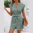 Striped Notched Tie Waist Romper - VacationGrabs