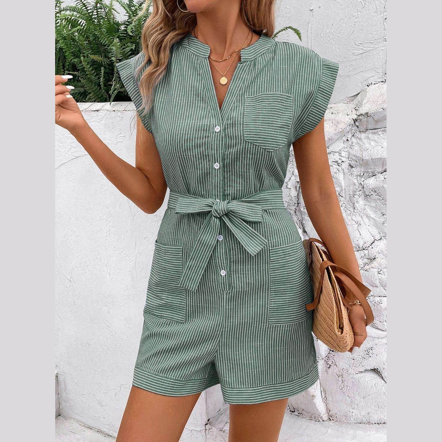 Striped Notched Tie Waist Romper - VacationGrabs