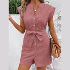 Striped Notched Tie Waist Romper - VacationGrabs