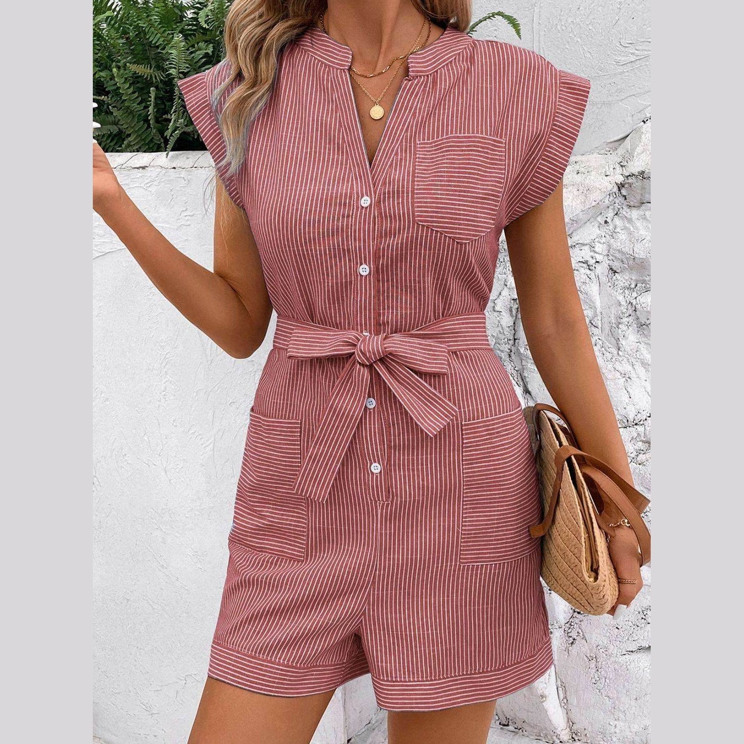 Striped Notched Tie Waist Romper - VacationGrabs