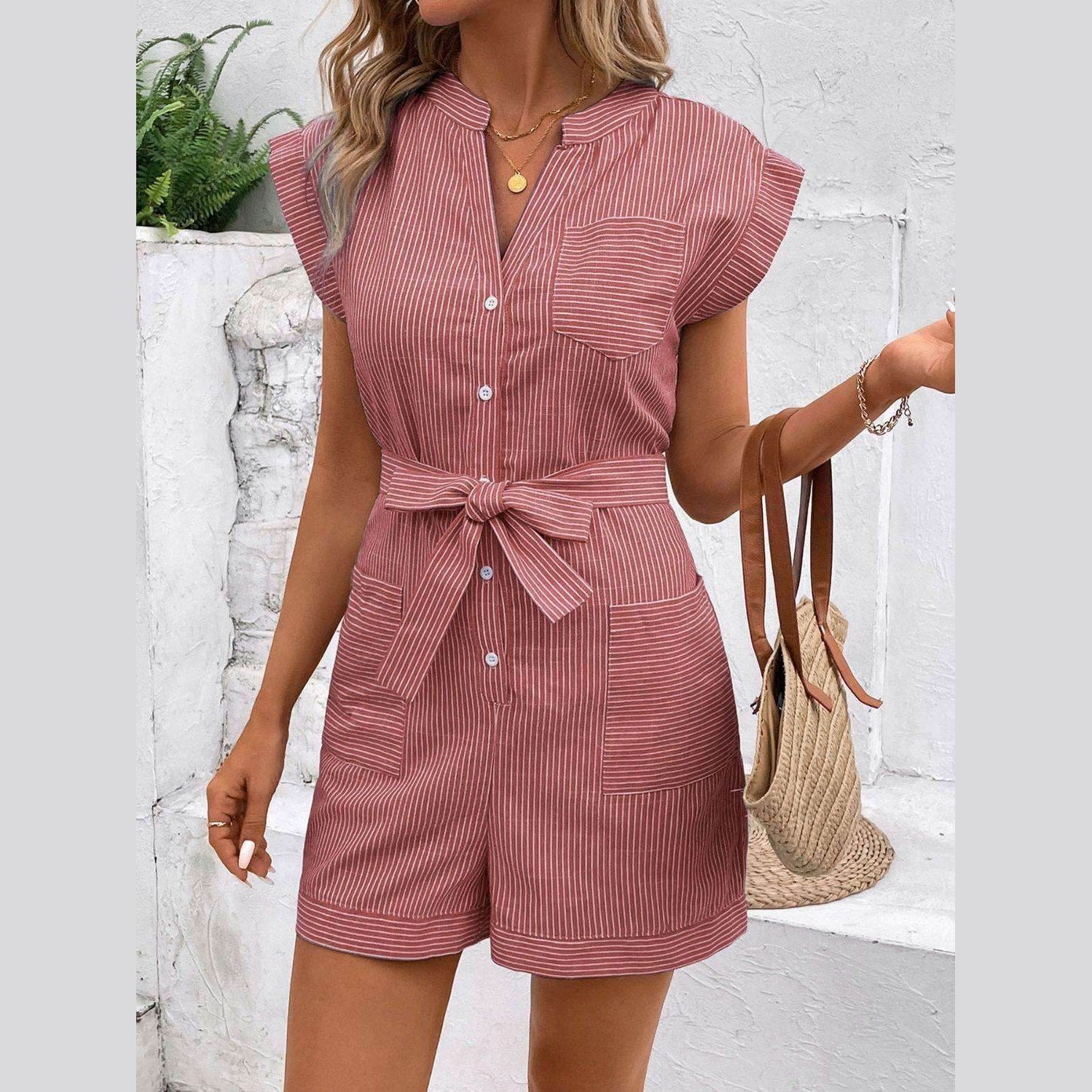 Striped Notched Tie Waist Romper - VacationGrabs