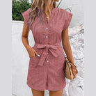 Striped Notched Tie Waist Romper - VacationGrabs