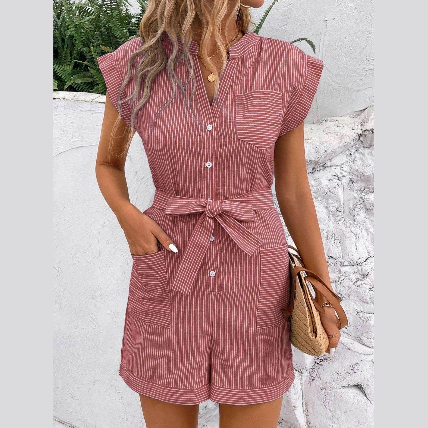 Striped Notched Tie Waist Romper - VacationGrabs