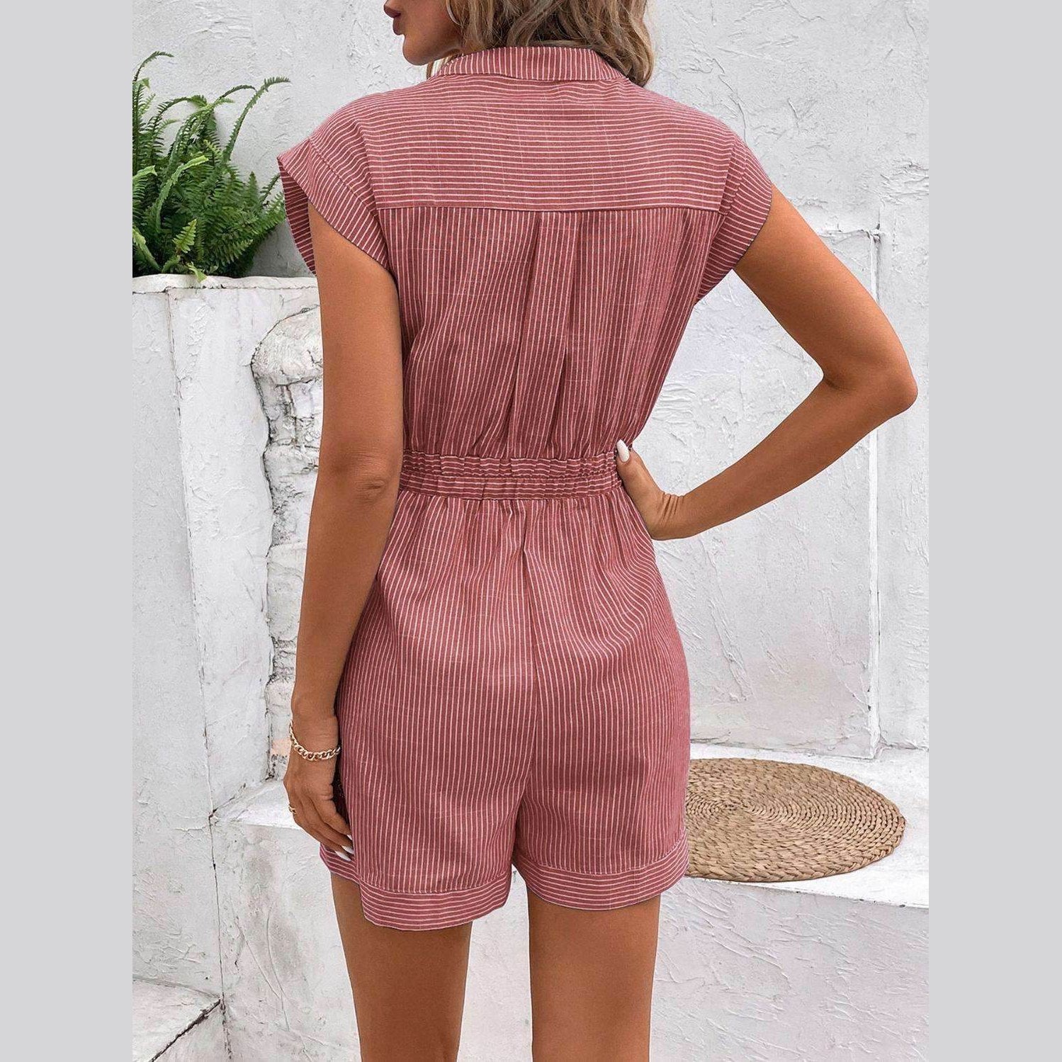 Striped Notched Tie Waist Romper - VacationGrabs
