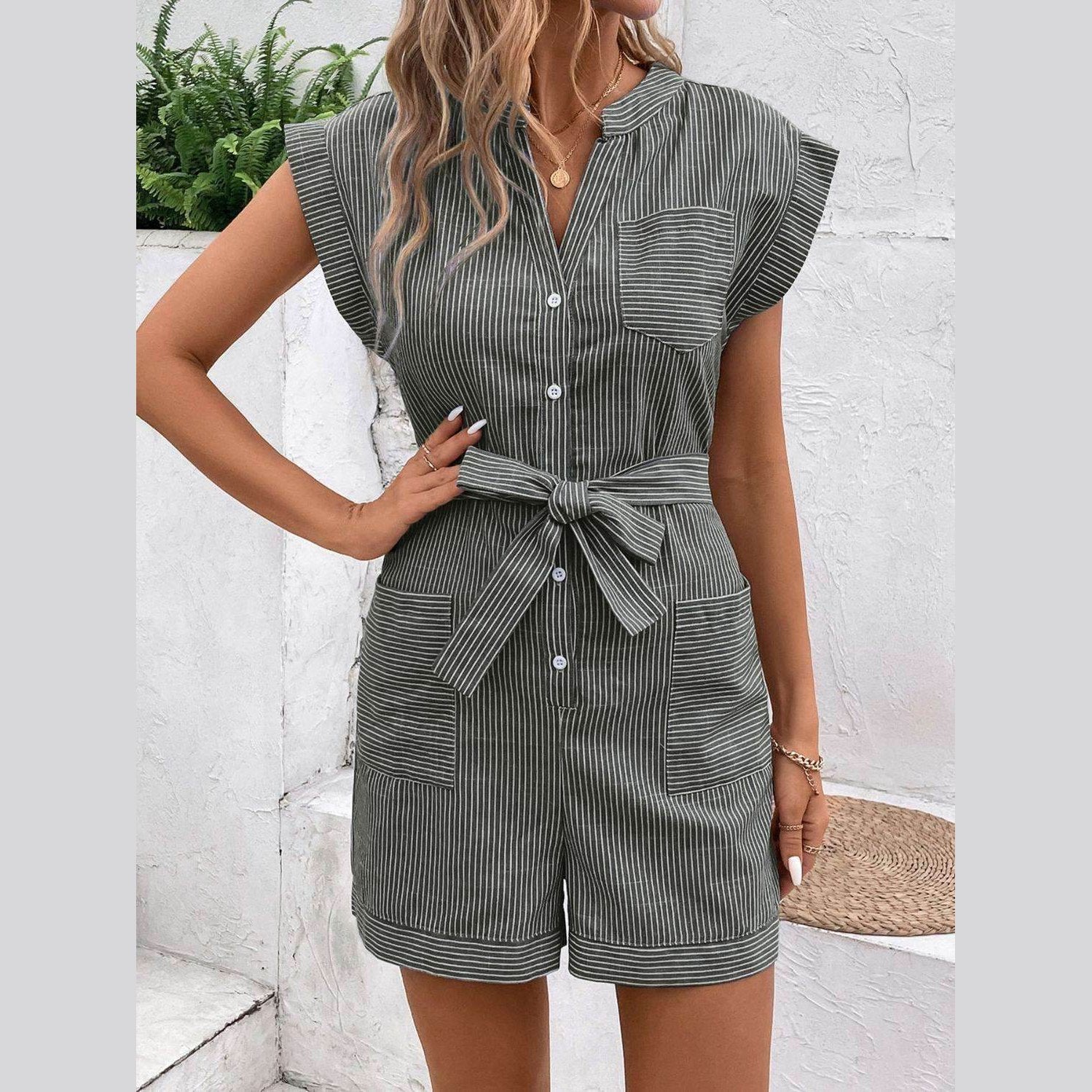 Striped Notched Tie Waist Romper - VacationGrabs