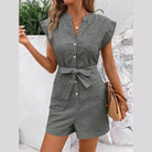 Striped Notched Tie Waist Romper - VacationGrabs