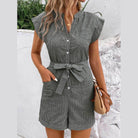 Striped Notched Tie Waist Romper - VacationGrabs