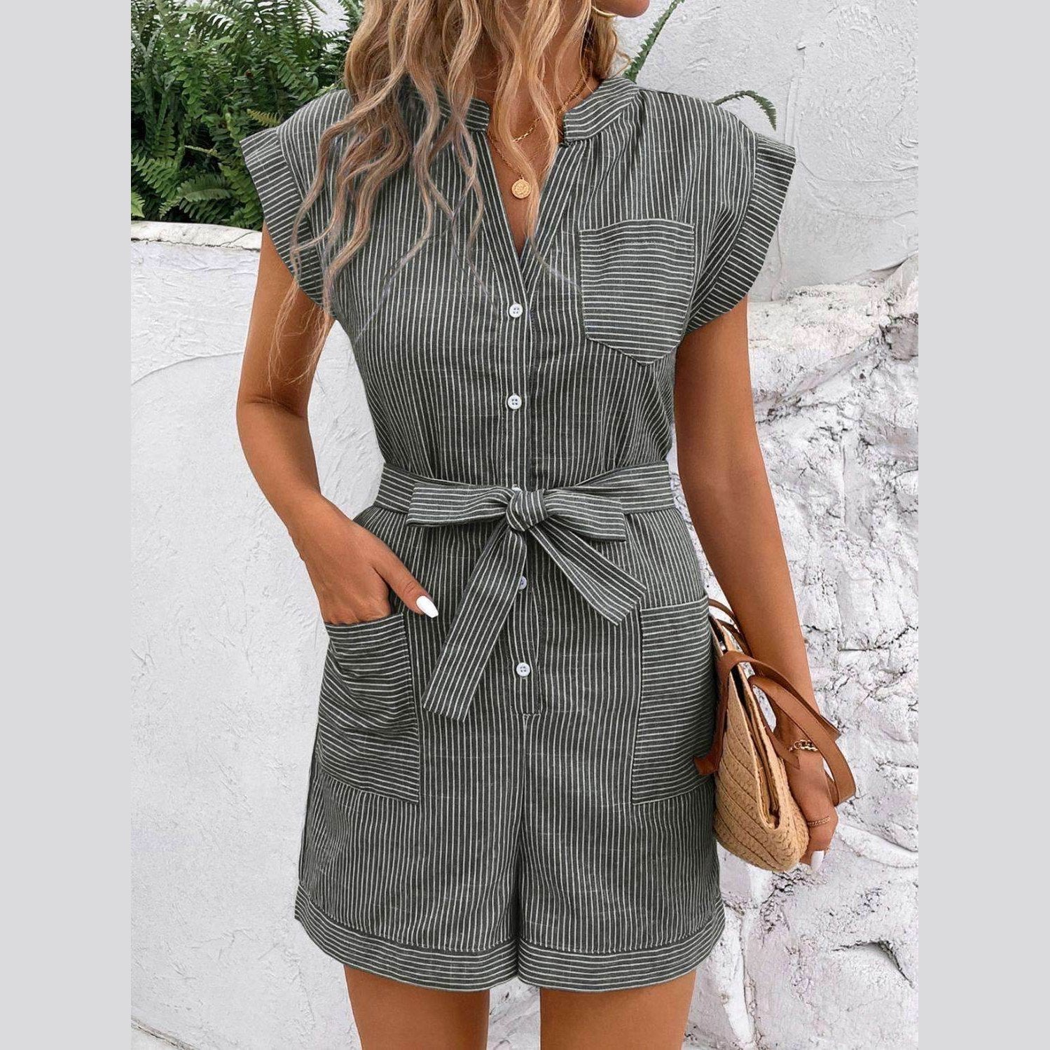 Striped Notched Tie Waist Romper - VacationGrabs