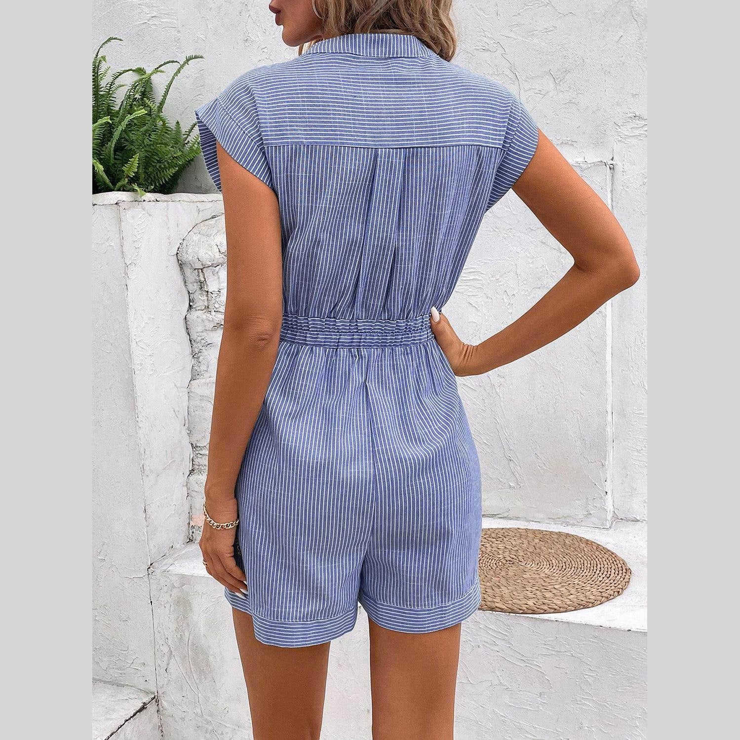 Striped Notched Tie Waist Romper - VacationGrabs