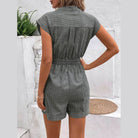 Striped Notched Tie Waist Romper - VacationGrabs