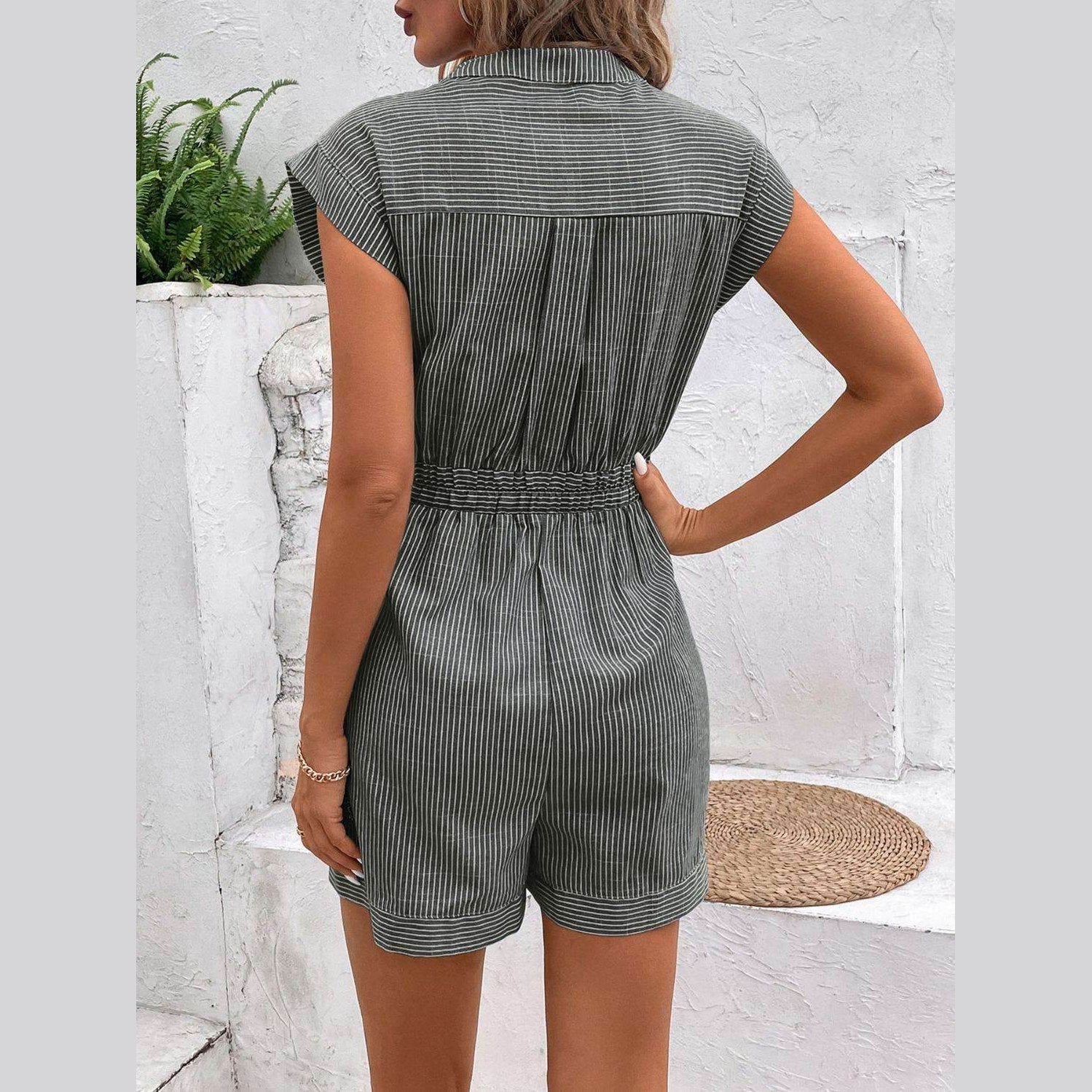 Striped Notched Tie Waist Romper - VacationGrabs